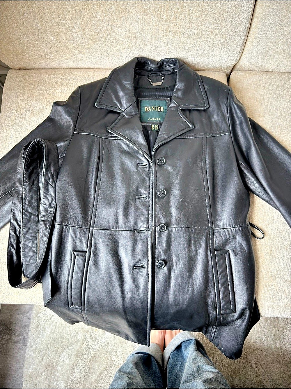 Danier Black Leather Belted Jacket Like New
